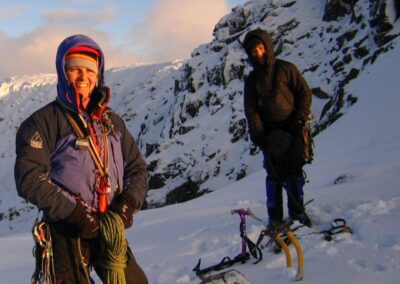 Winter climbing above Chapel Crags sunset