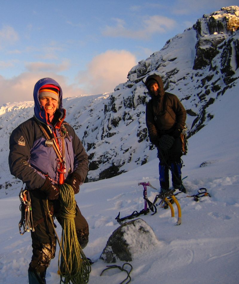 Winter climbing above Chapel Crags sunset